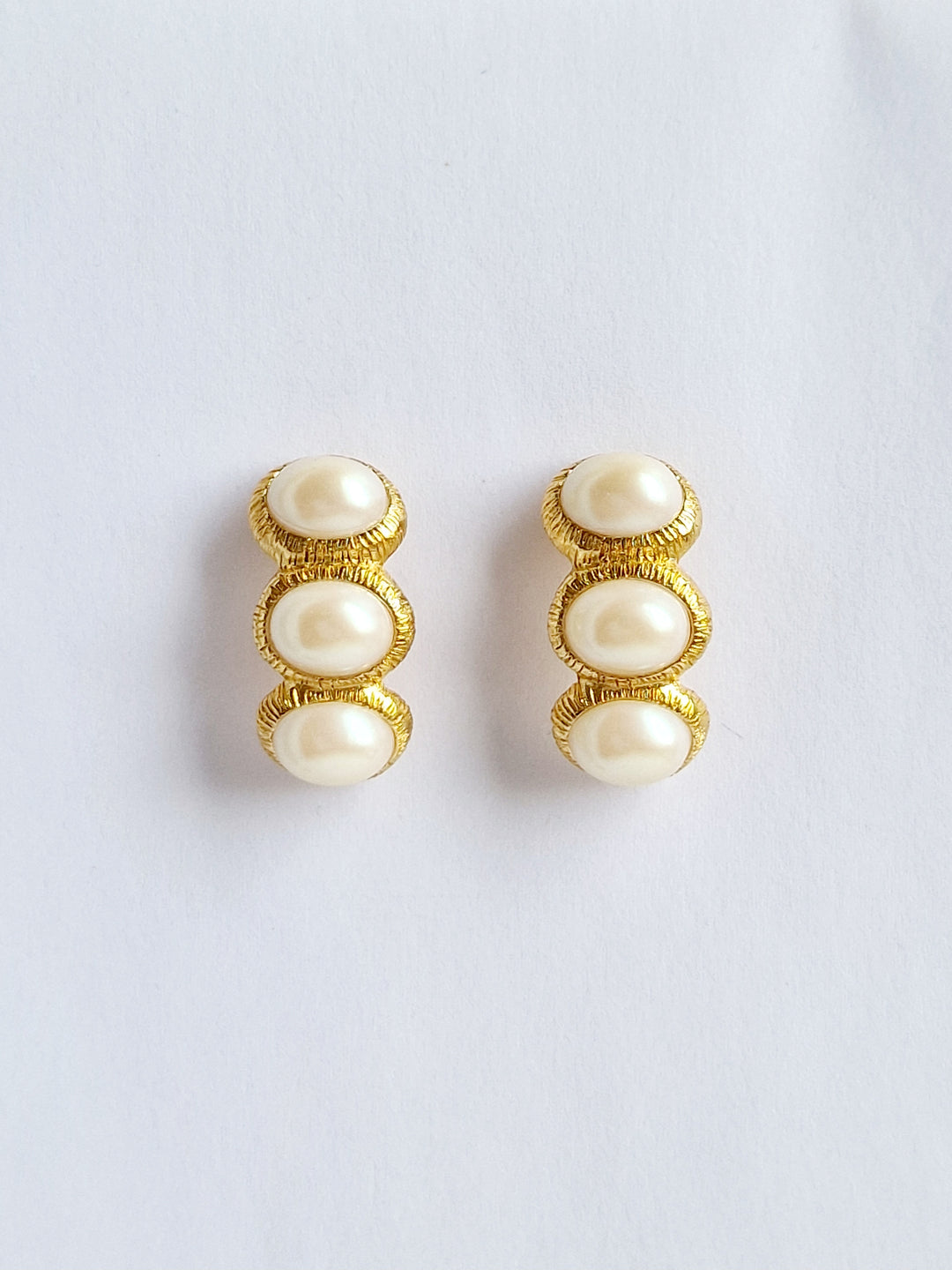 Vintage Gold Plated Half Hoop Triple Pearl Earrings