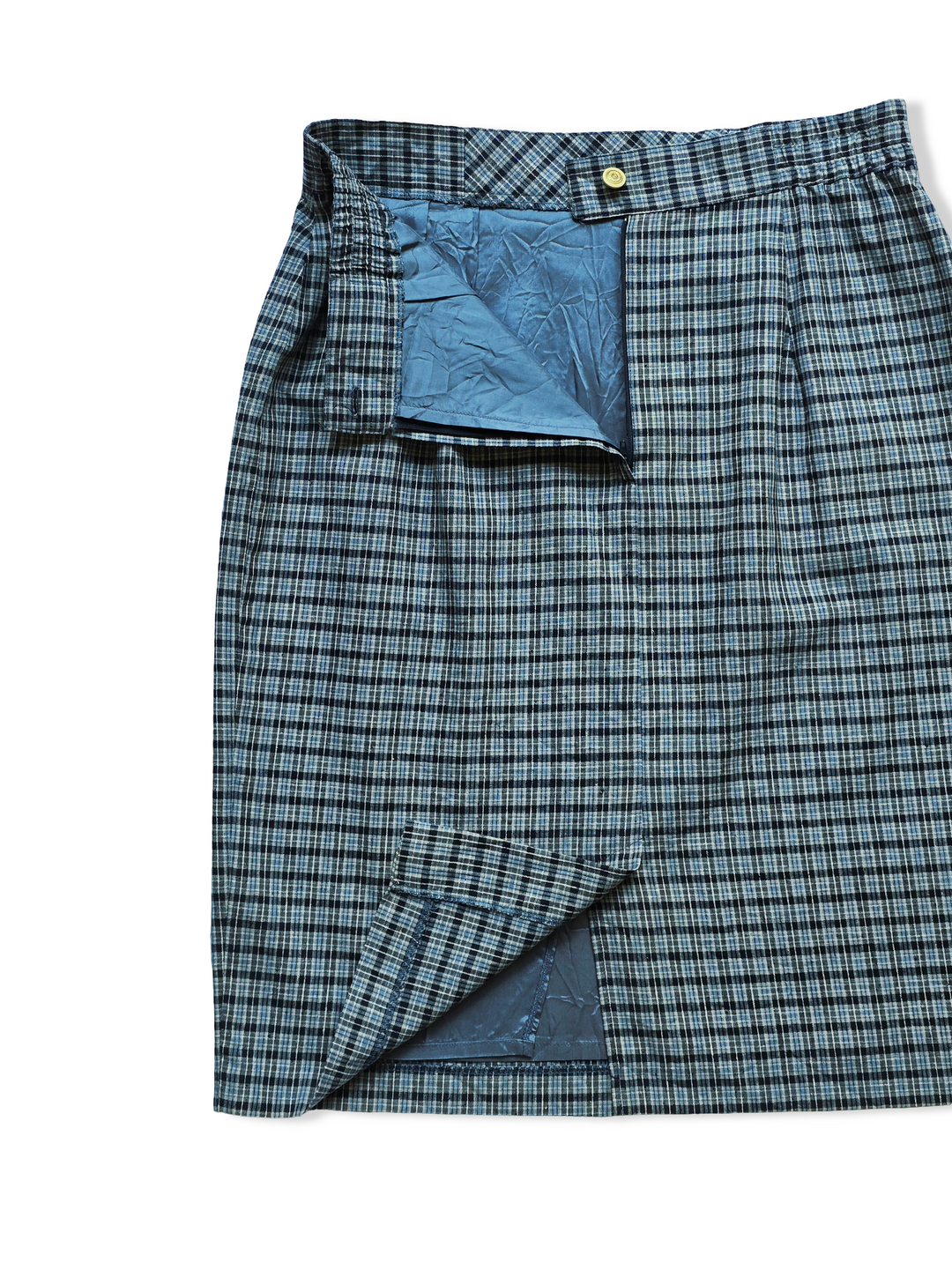 Vintage Blue Check Plaid Pencil Skirt - M