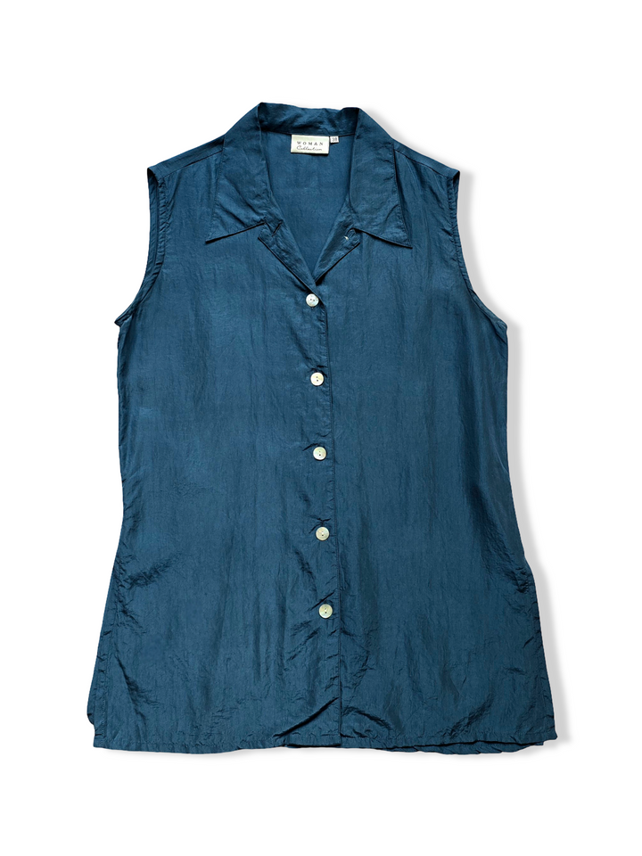 Vintage Dark Blue Sleeveless Silk Blouse - M