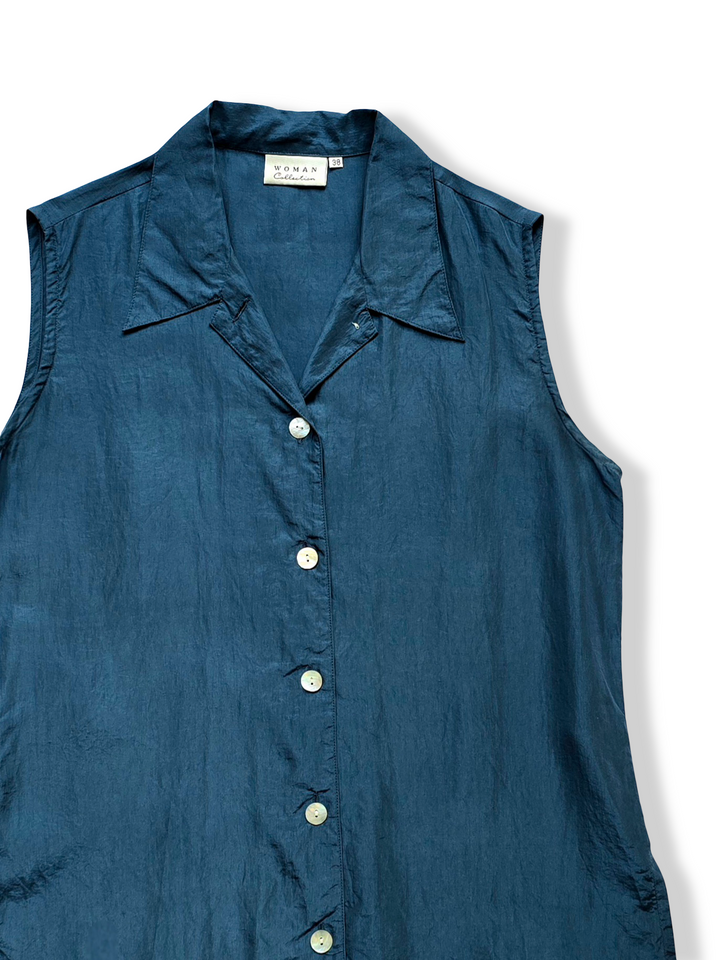 Vintage Dark Blue Sleeveless Silk Blouse - M