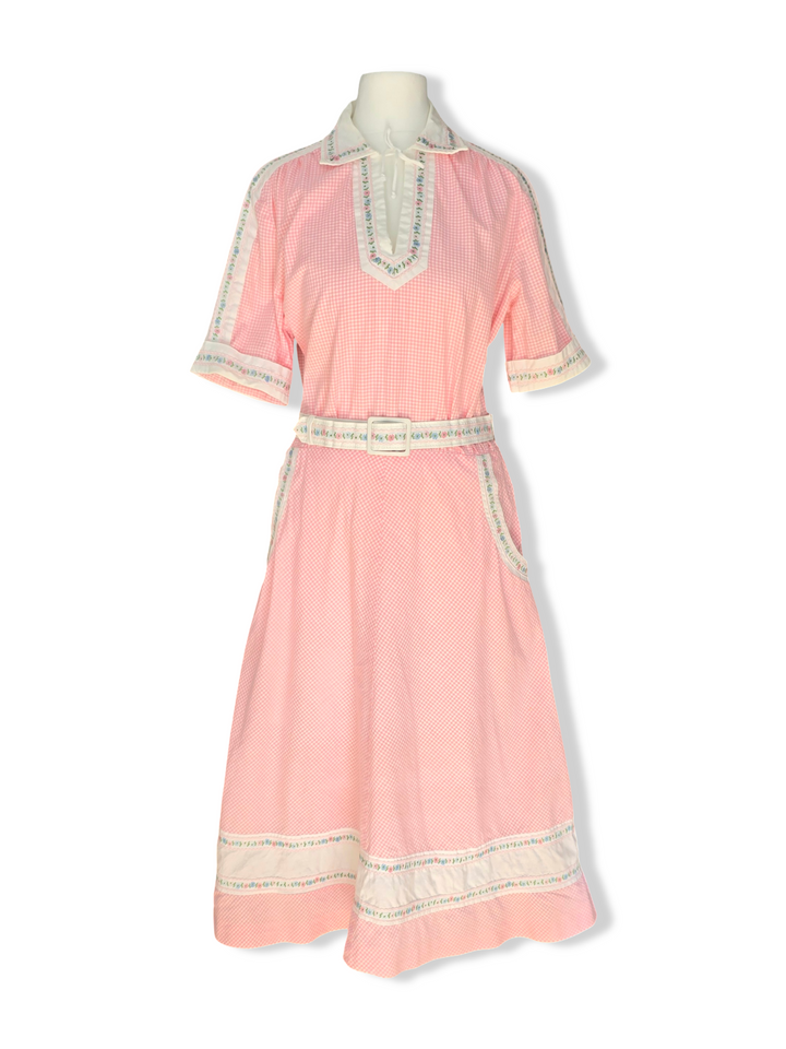 Vintage German Pink Gingham A-Line Midi Dress - M