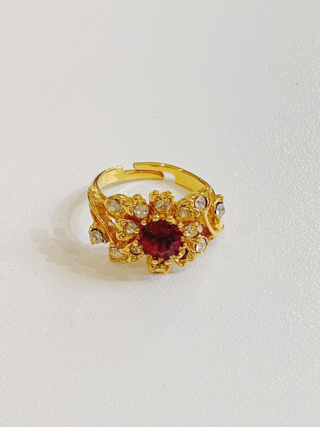 Vintage Gold Plated Clear & Ruby Red Crystal Flower Cocktail Ring