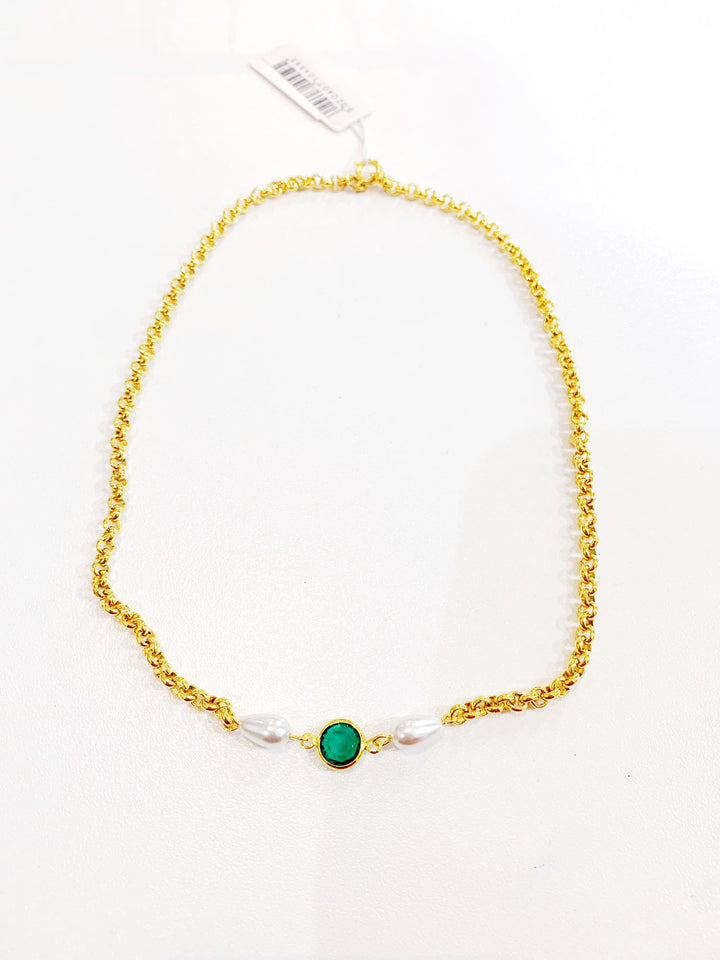 Vintage Gold Plated Chain Necklace with Pearls & Green Crystal