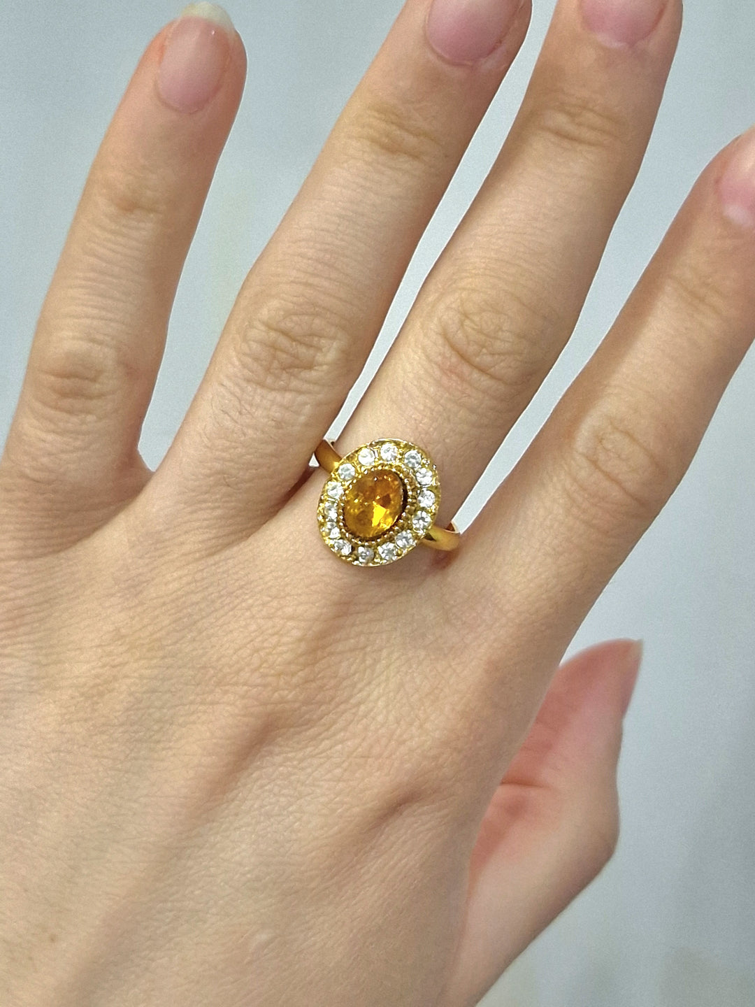 Vintage Gold Plated Amber Oval Cocktail Ring with Crystals