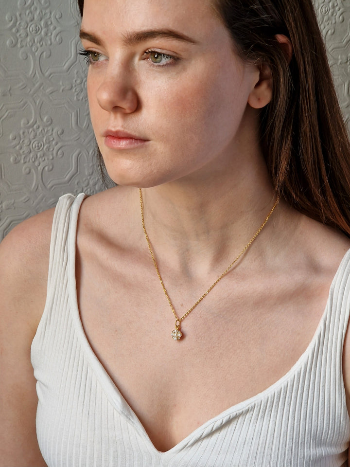 Vintage Gold Plated Fine Chain Necklace with Pearl & Crystal Charm