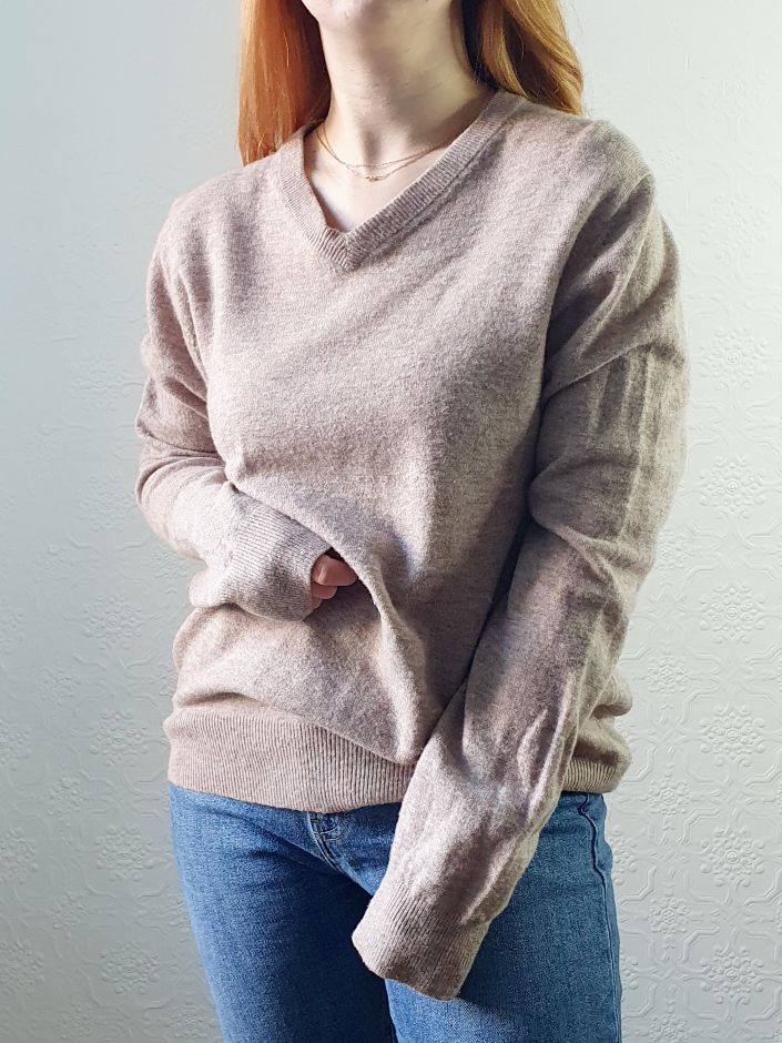 V Neck Taupe Wool Jumper - L