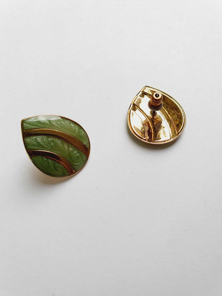 Vintage Gold Plated Green Enamel Teardrop Stud Earrings