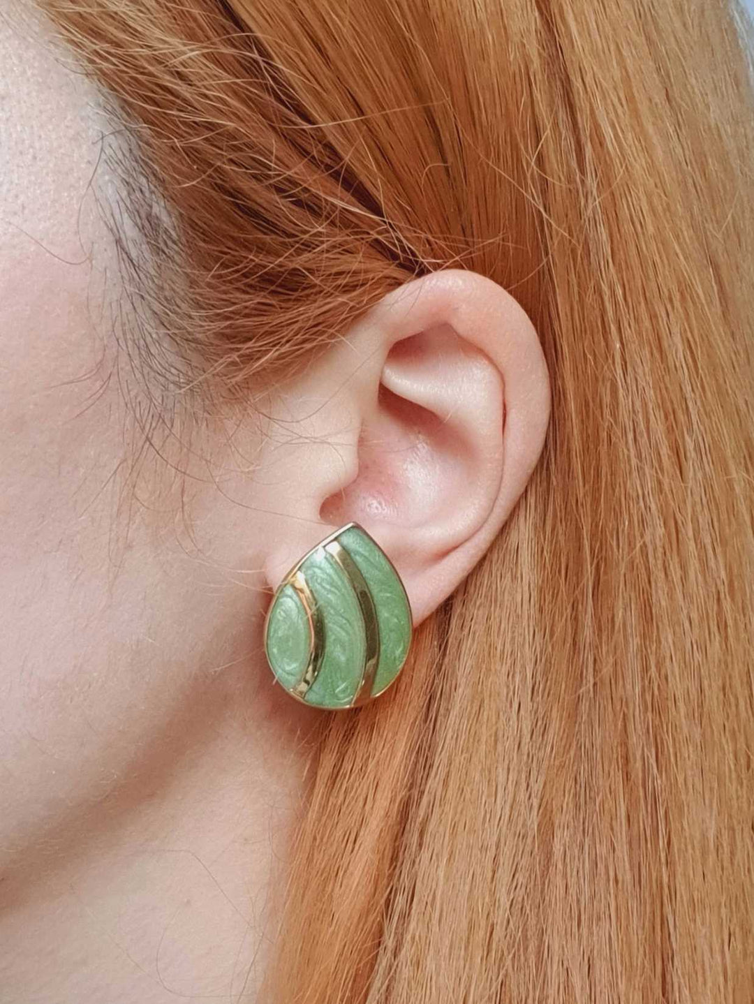 Vintage Gold Plated Green Enamel Teardrop Stud Earrings