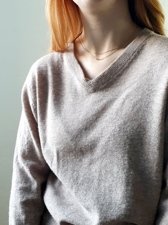 V Neck Taupe Wool Jumper - L