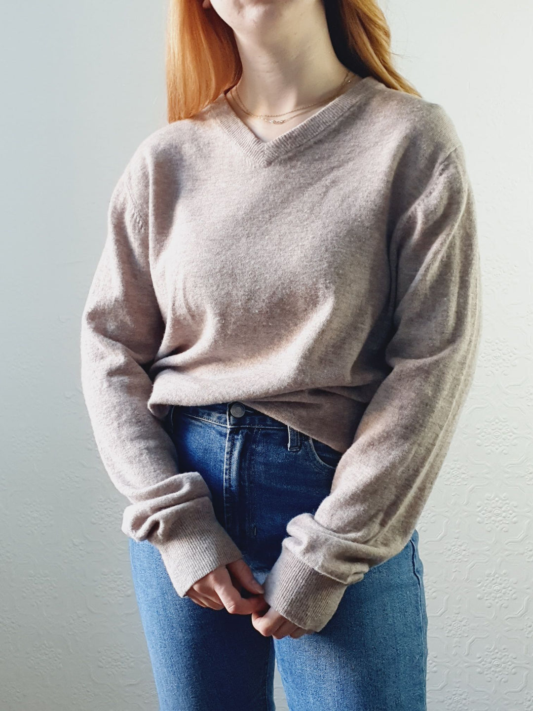 V Neck Taupe Wool Jumper - L