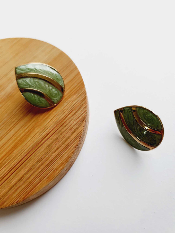 Vintage Gold Plated Green Enamel Teardrop Stud Earrings