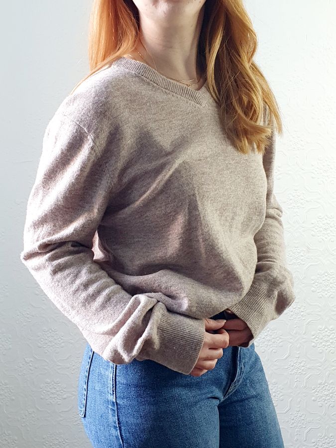 V Neck Taupe Wool Jumper - L