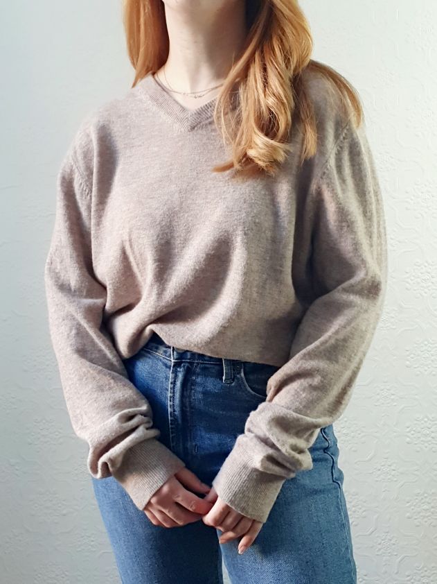 V Neck Taupe Wool Jumper - L