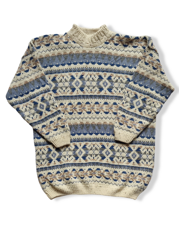 Vintage Cream And Blue Nordic Style Patterned Knitted Jumper - S/M