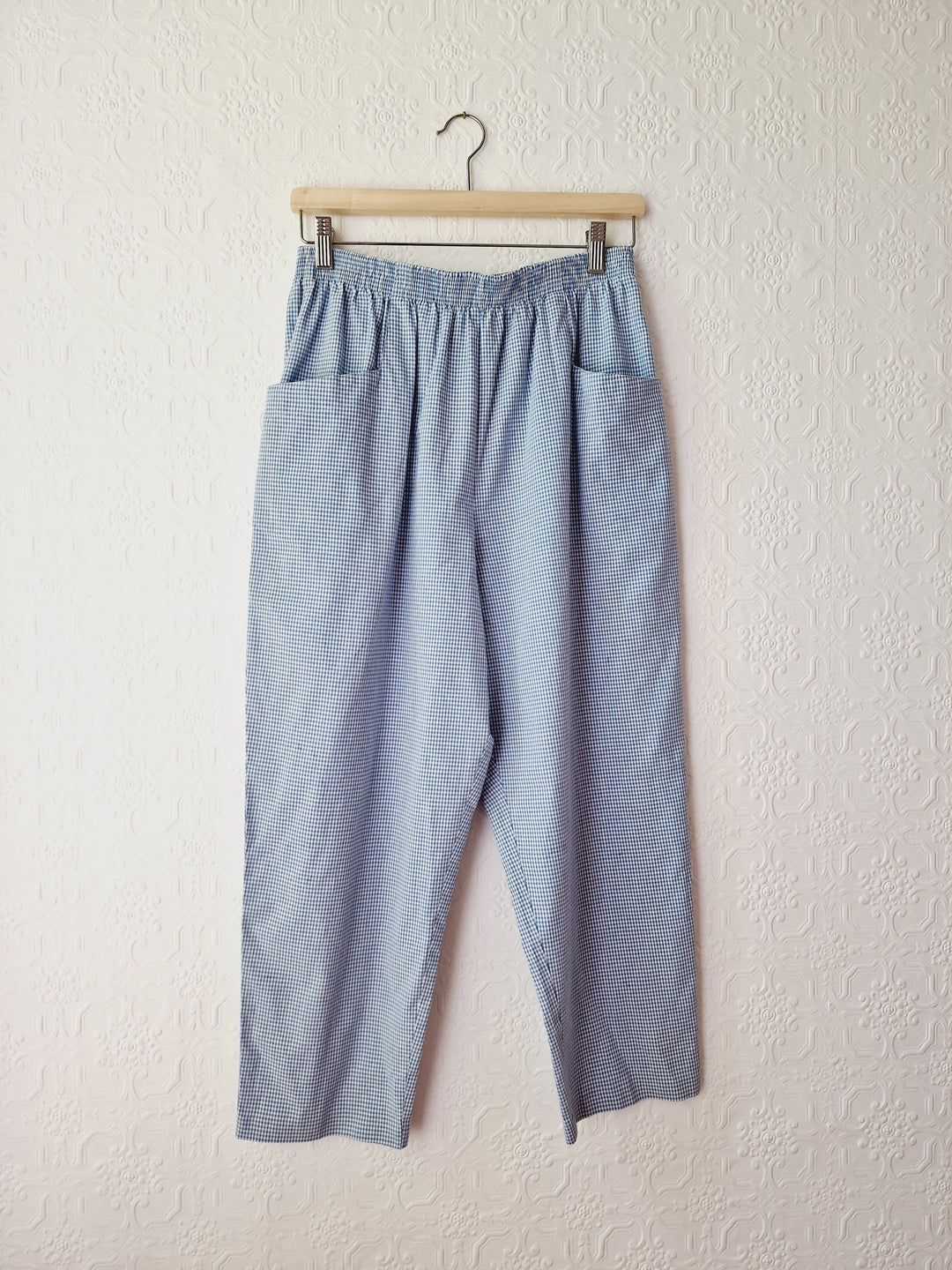 Vintage Blue & White Gingham High Waisted Cotton Trousers - M