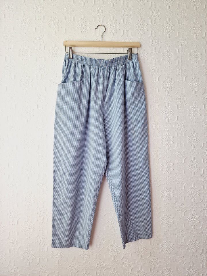 Vintage Blue & White Gingham High Waisted Cotton Trousers - M