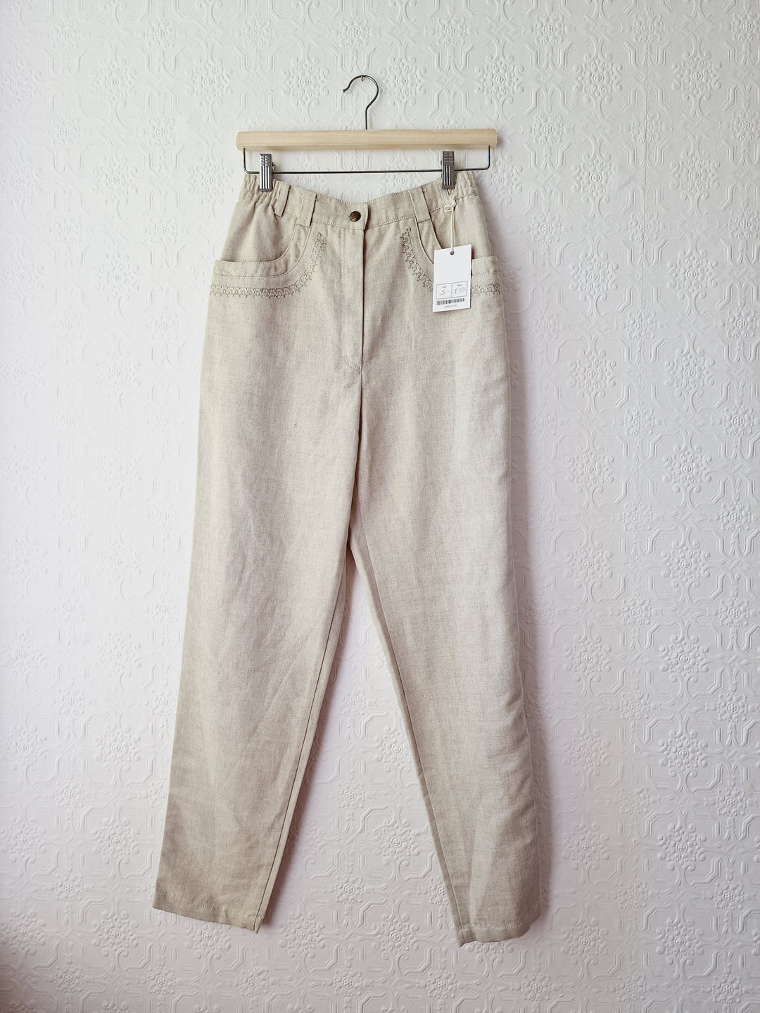 Vintage Oatmeal High Waisted Linen Trousers with Embroidery - S