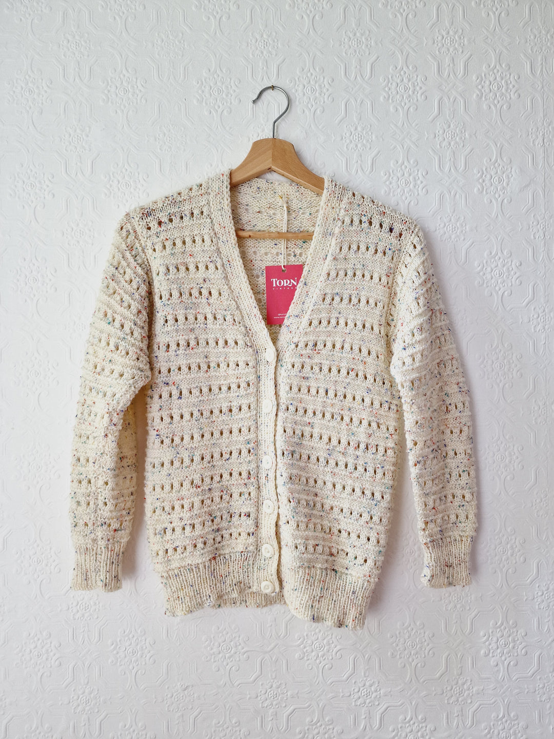 Vintage Handknitted Cream V-Neck Cardigan with Multicoloured Flecks - XS/S