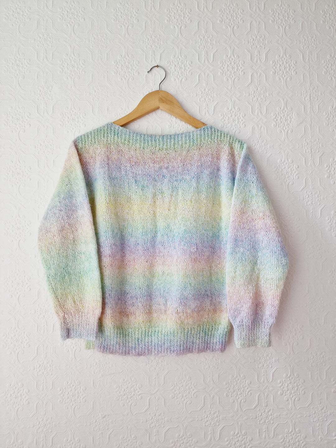 Vintage 80s Pastel Rainbow Handknitted Jumper with Boat Neck - S