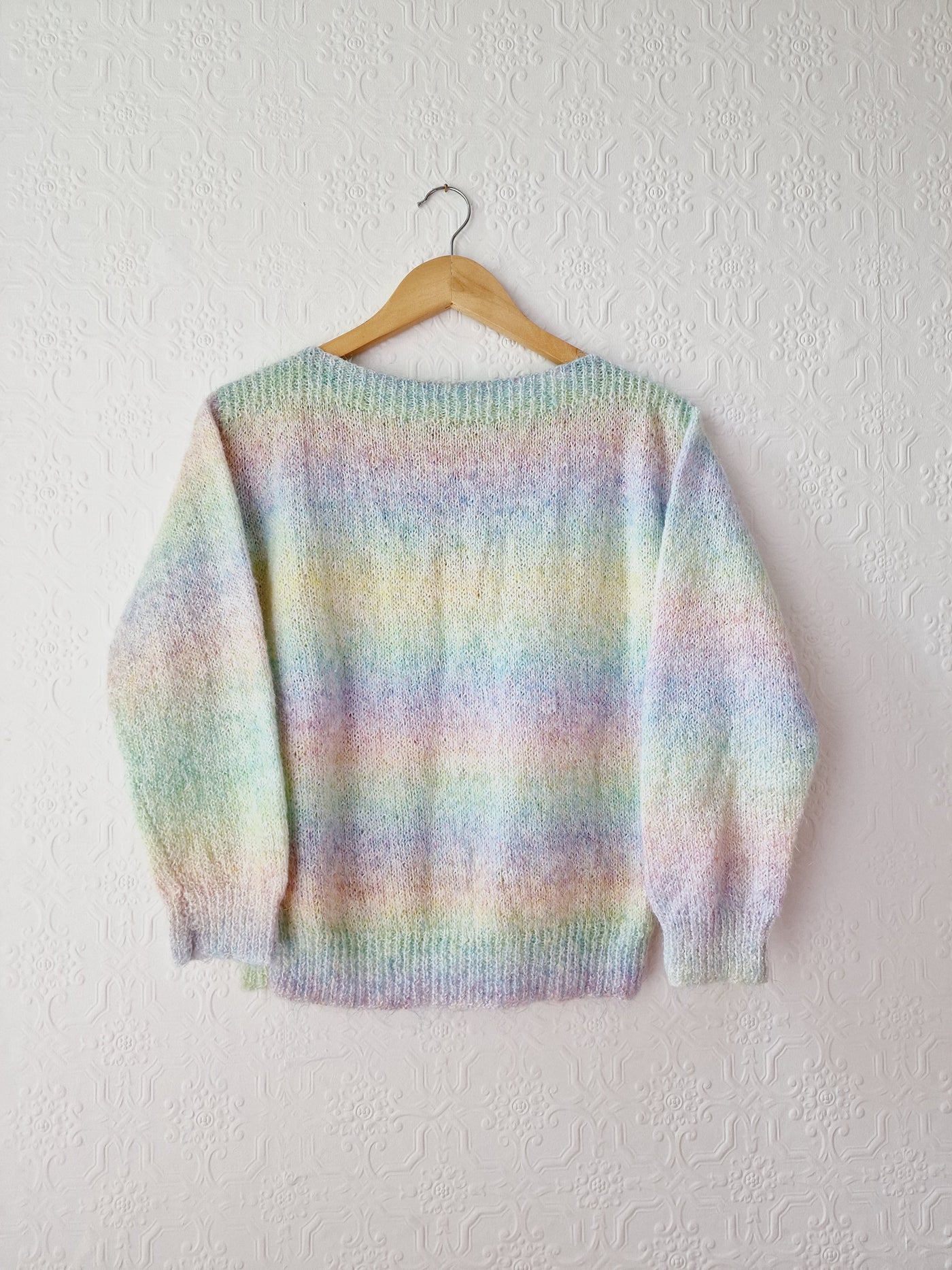Vintage 80s Pastel Rainbow Handknitted Jumper with Boat Neck - S