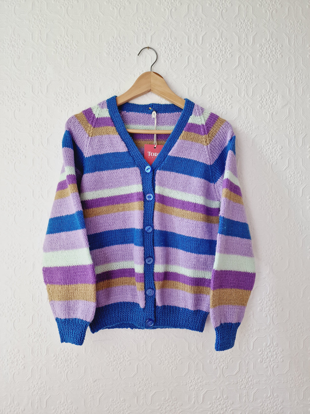 Vintage 80s Handknitted Multicolour Striped V-Neck Cardigan - S/M