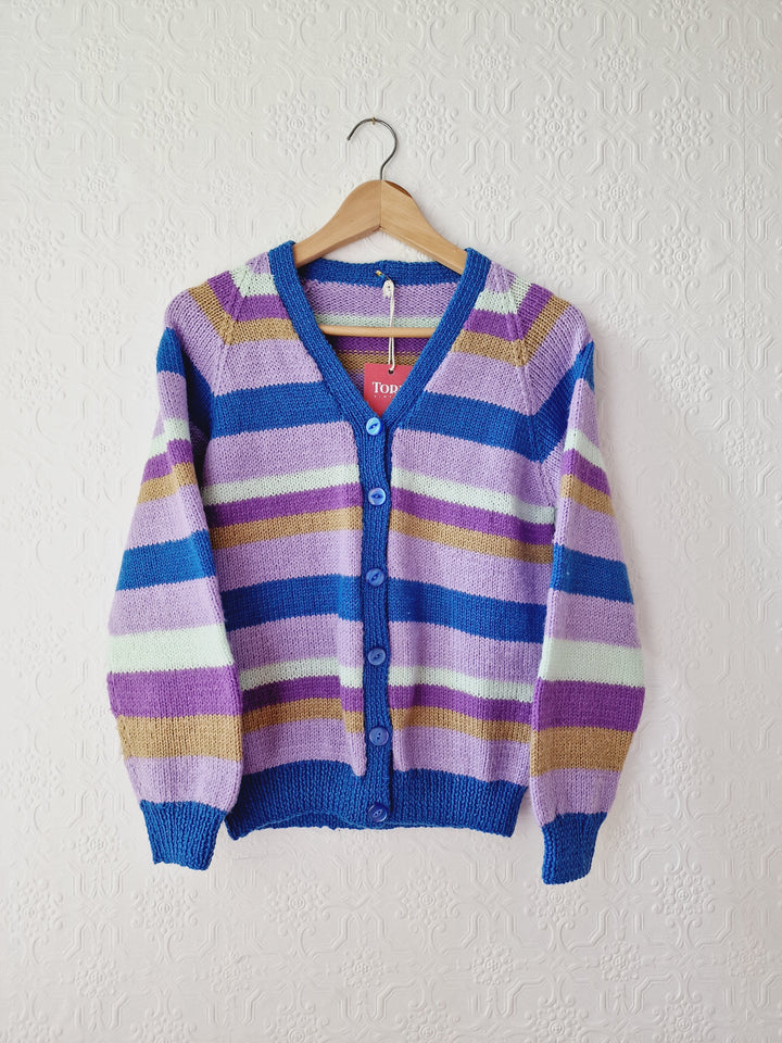 Vintage 80s Handknitted Multicolour Striped V-Neck Cardigan - S/M