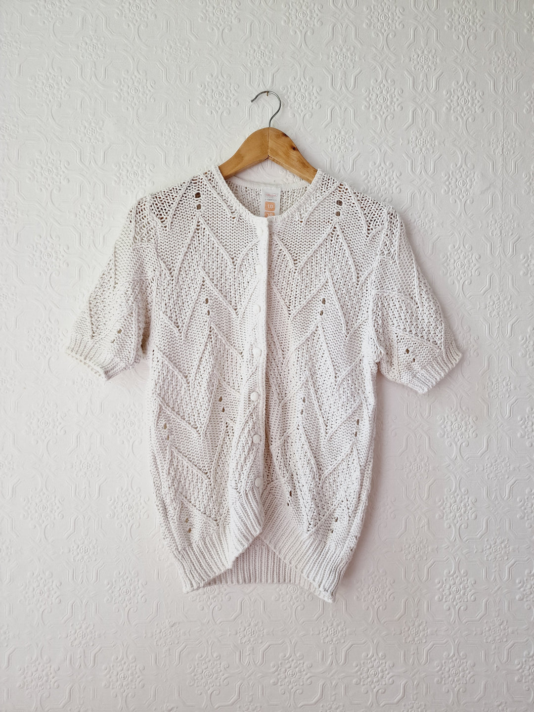 Vintage White Cotton Knitted Cardigan with Short Sleeves - M