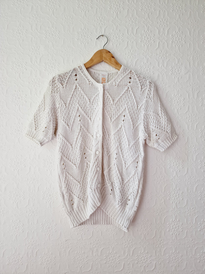 Vintage White Cotton Knitted Cardigan with Short Sleeves - M