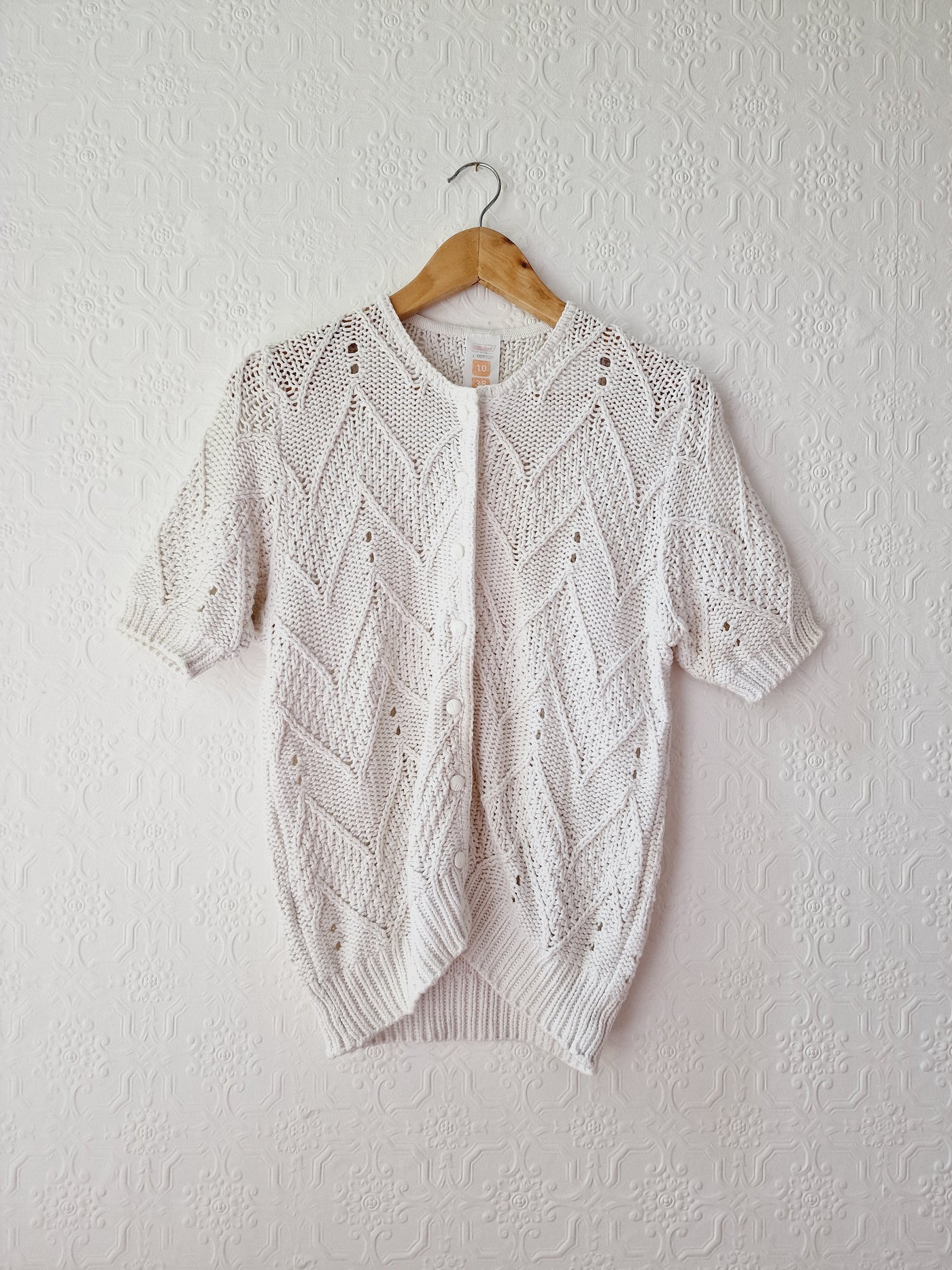 Vintage White Cotton Knitted Cardigan with Short Sleeves - M