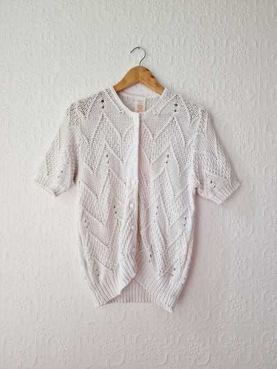 Vintage White Cotton Knitted Cardigan with Short Sleeves - M