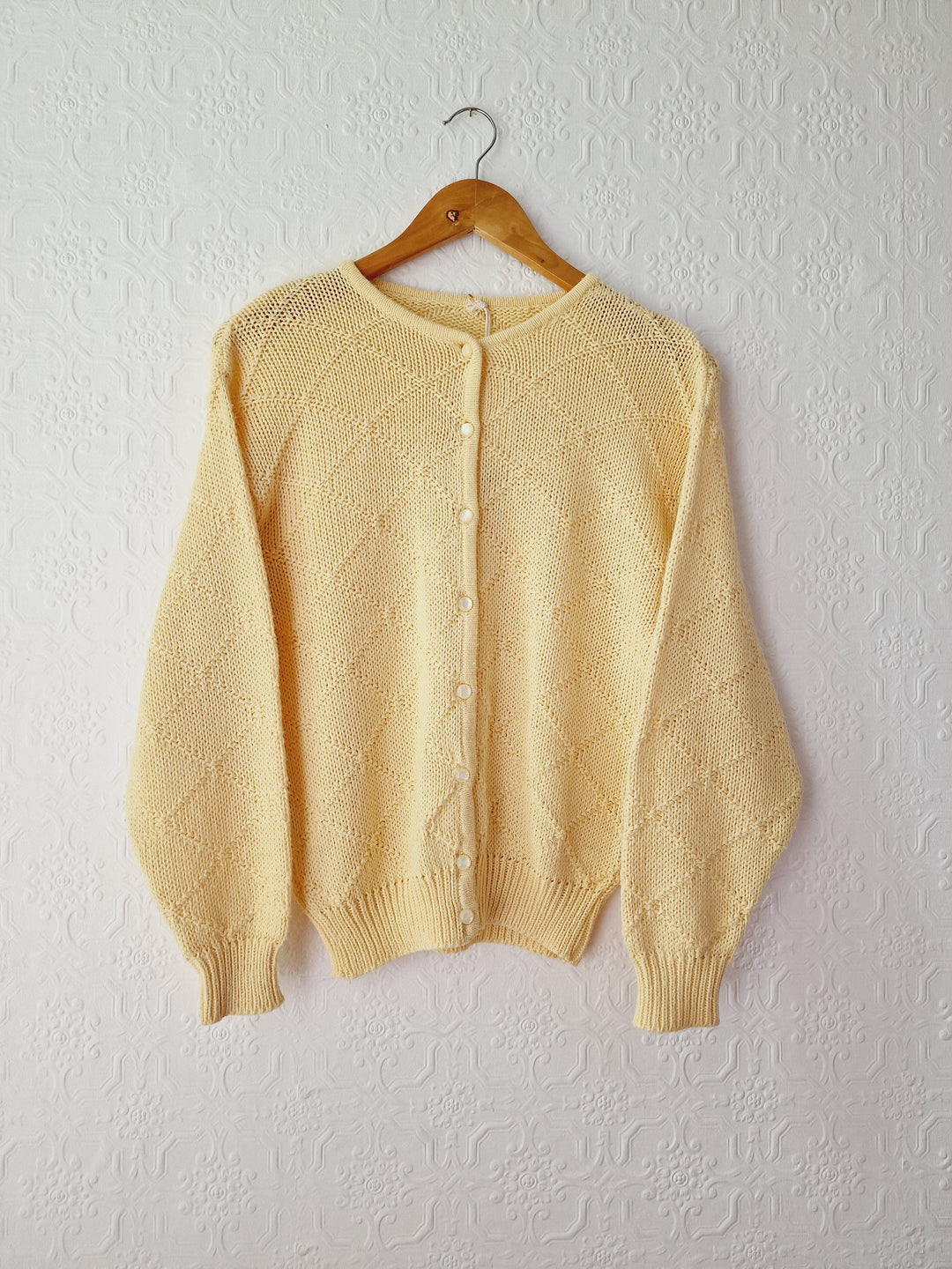 Vintage Light Yellow Cotton Knitted Crew Neck Cardigan - S/M