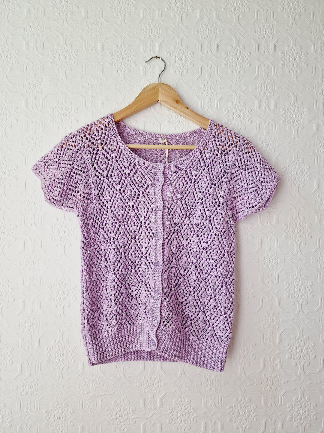 Vintage 80s Mauve Purple Crochet Jumper Top with Short Sleeves - XS