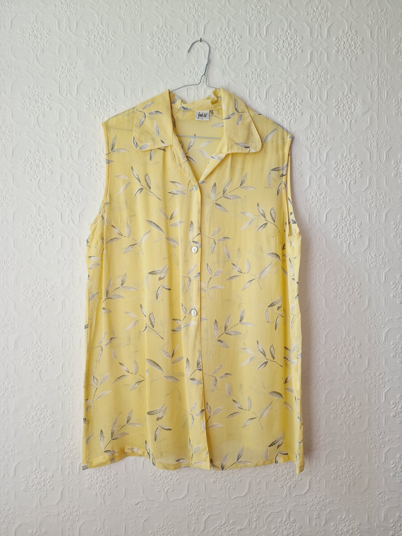 Vintage 90s Light Yellow Button Down Sleeveless Tunic Blouse - L