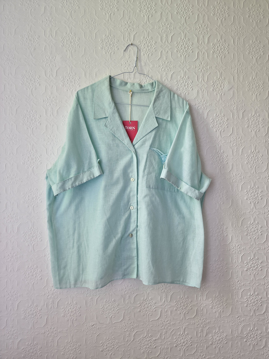 Vintage 80s Mint Green Short Sleeve Blouse - XXL