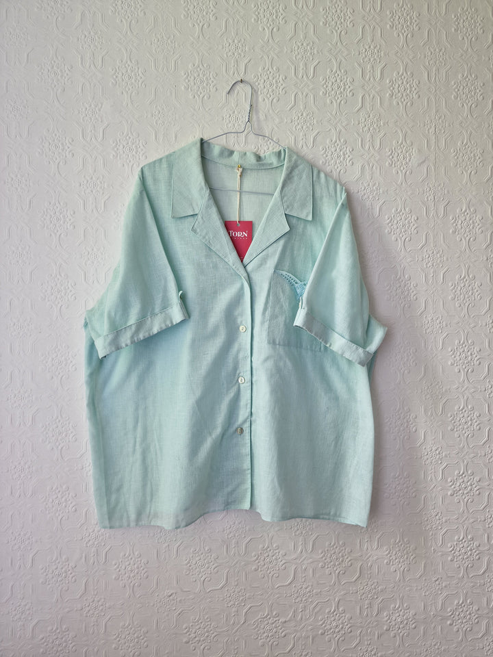 Vintage 80s Mint Green Short Sleeve Blouse - XXL