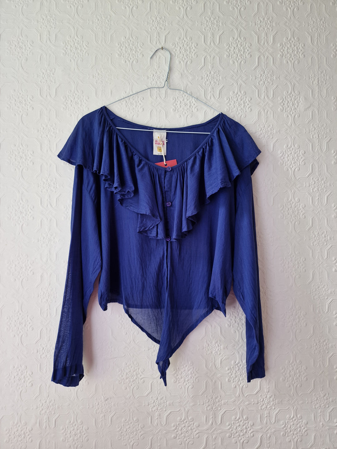 Vintage Electric Blue Blouse with Ruffles and Front Ties - S/M