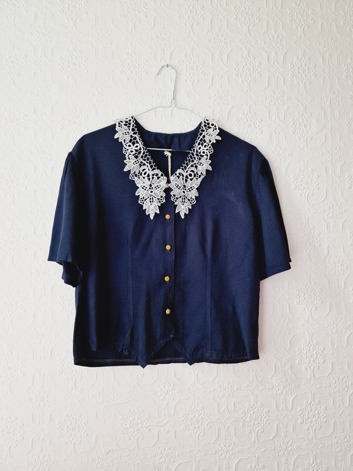 Vintage 80s Navy Blue Short Sleeve Blouse with Lace Collar - S/M