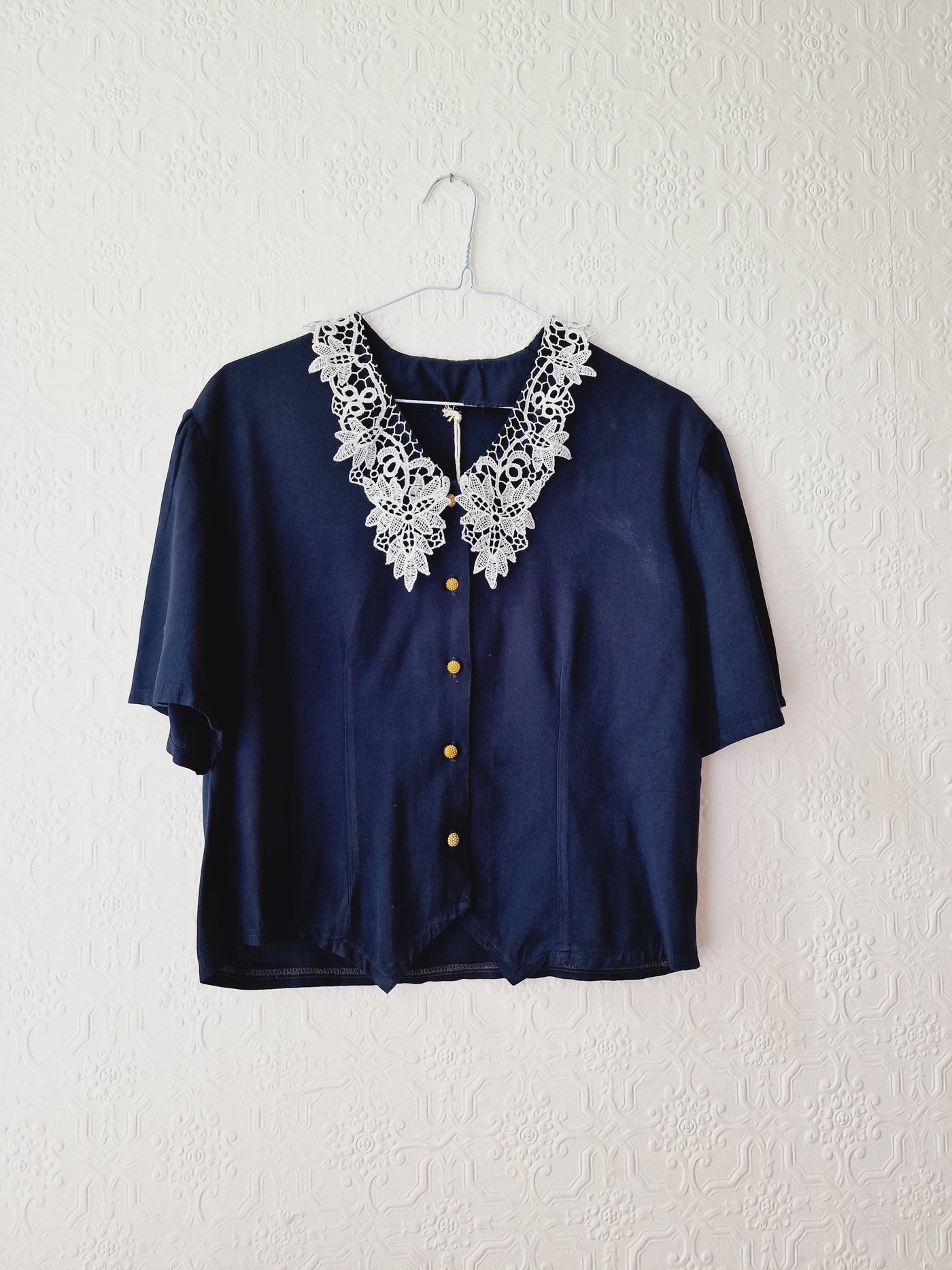 Vintage 80s Navy Blue Short Sleeve Blouse with Lace Collar - S/M