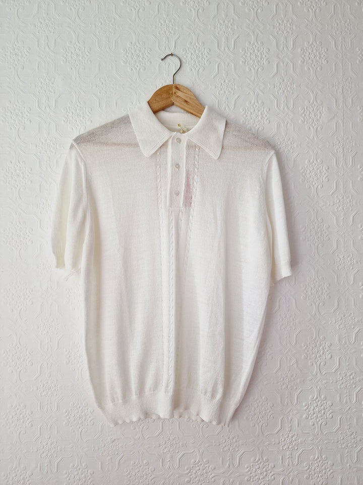 Vintage White Polo Style Short Sleeve Knit Top with Collared Neck - M