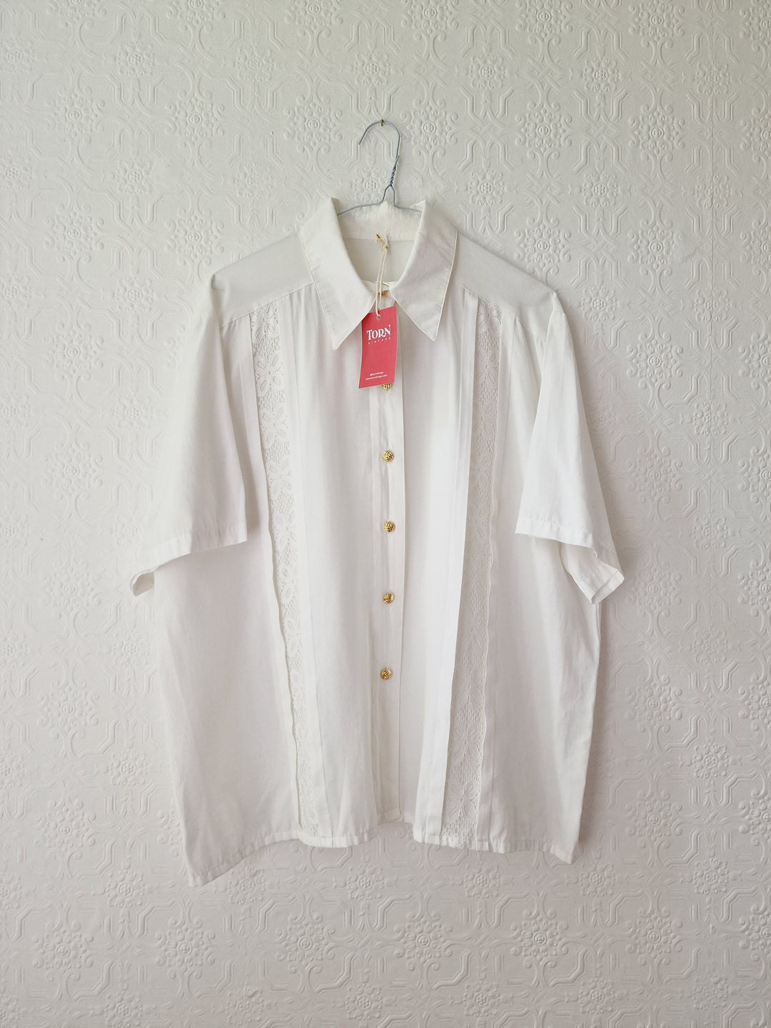 Vintage 80s White Soft Blouse with Lace Details - L/XL