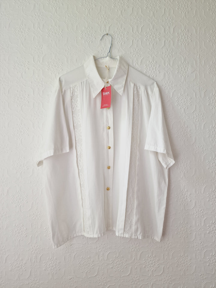 Vintage 80s White Soft Blouse with Lace Details - L/XL