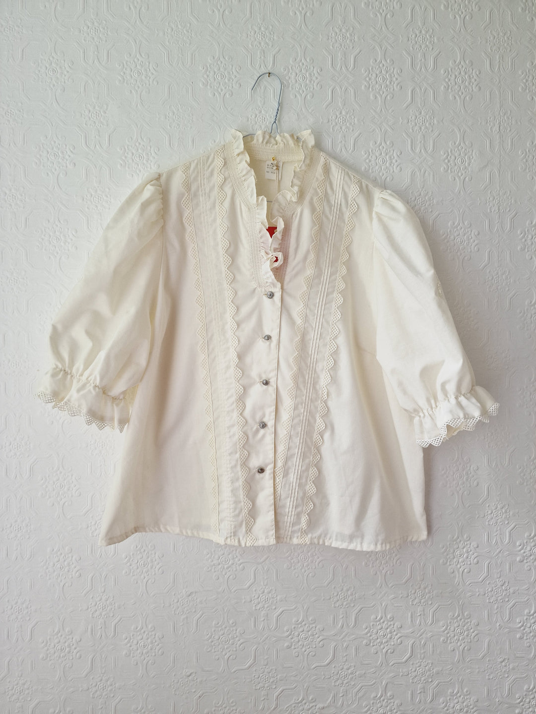 Vintage Cream Austrian Broderie Anglaise Dirndl Blouse with Puff Sleeves - XL