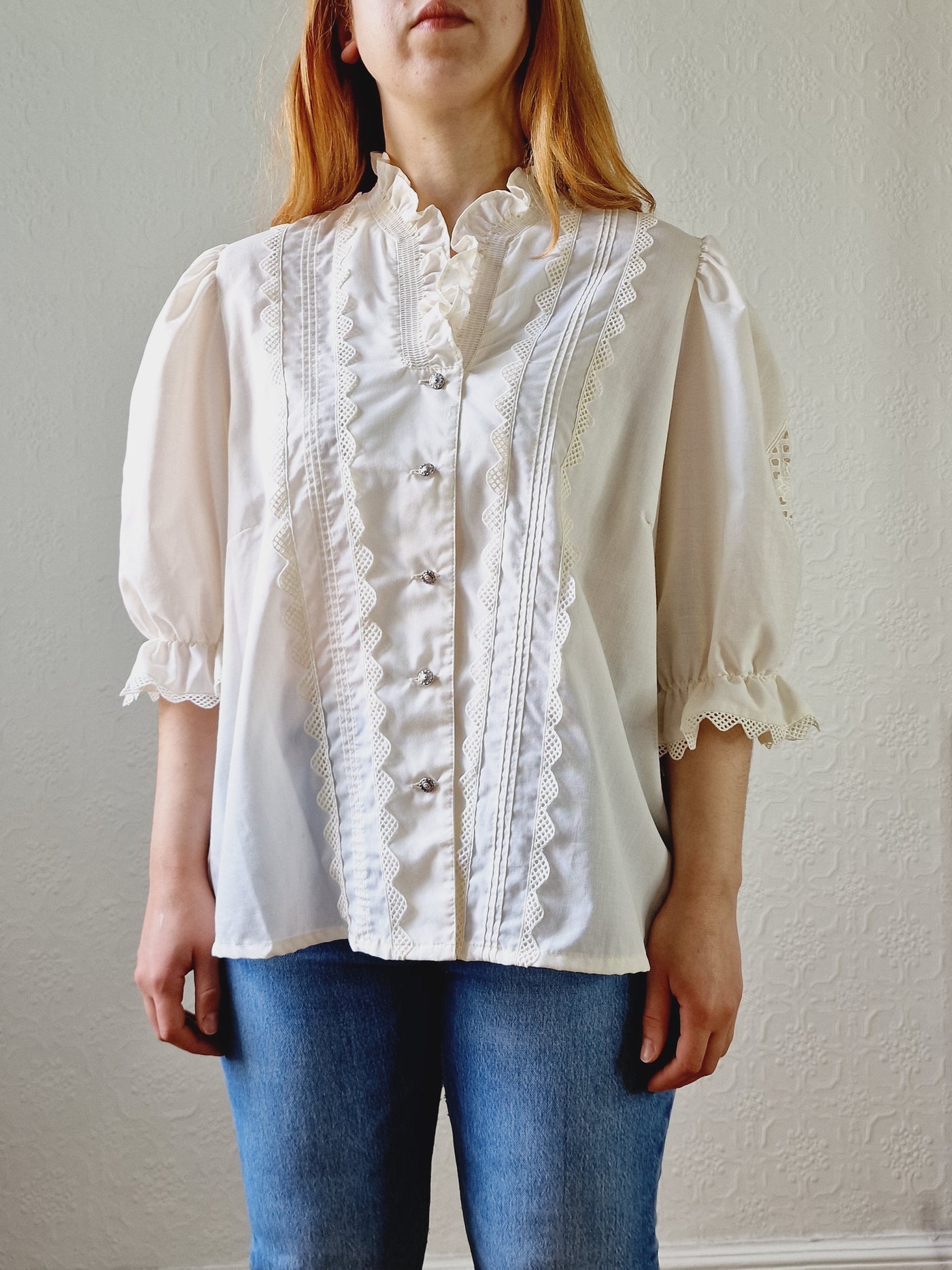 Vintage Cream Austrian Broderie Anglaise Dirndl Blouse with Puff Sleeves - XL