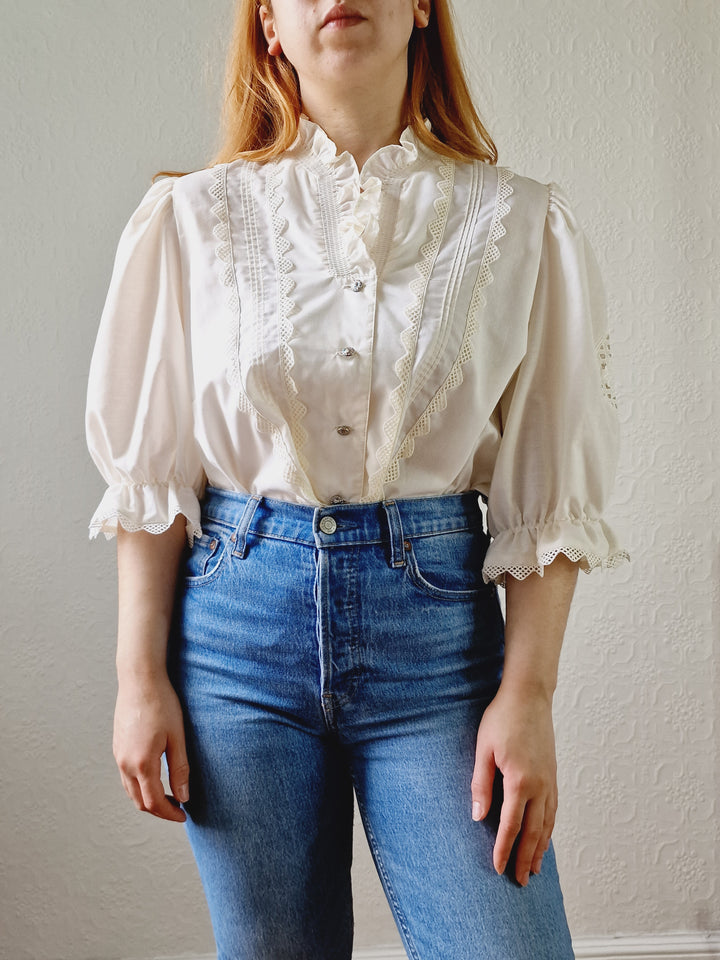 Vintage Cream Austrian Broderie Anglaise Dirndl Blouse with Puff Sleeves - XL