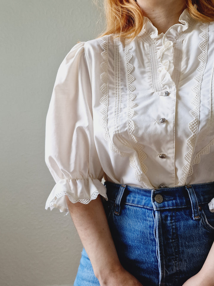 Vintage Cream Austrian Broderie Anglaise Dirndl Blouse with Puff Sleeves - XL