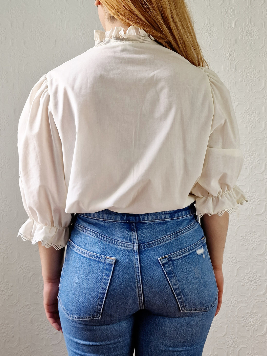 Vintage Cream Austrian Broderie Anglaise Dirndl Blouse with Puff Sleeves - XL