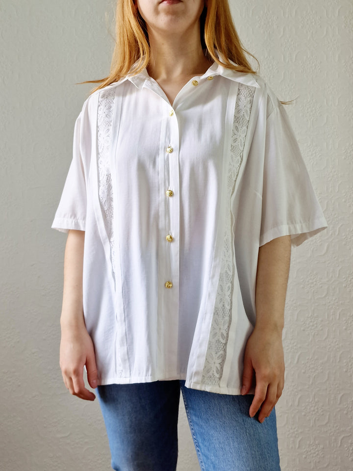 Vintage 80s White Soft Blouse with Lace Details - L/XL