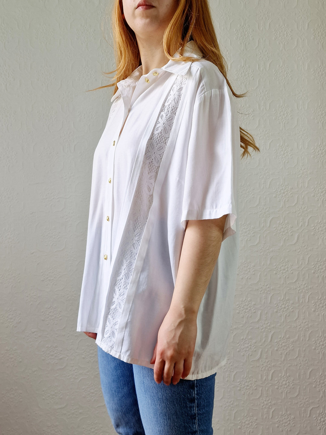 Vintage 80s White Soft Blouse with Lace Details - L/XL