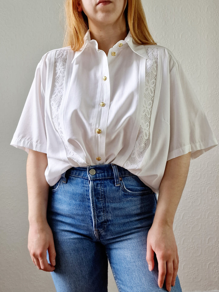 Vintage 80s White Soft Blouse with Lace Details - L/XL