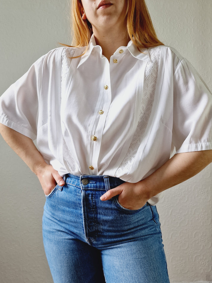 Vintage 80s White Soft Blouse with Lace Details - L/XL